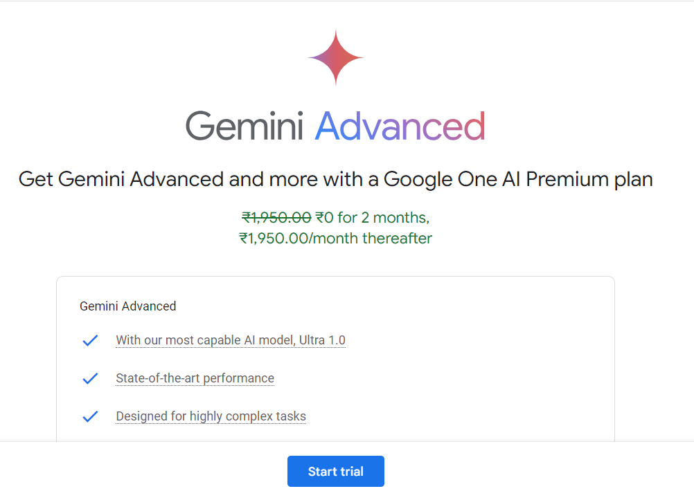 Google Gemini Advanced માટે સ્ટાર્ટ ટ્રેઇલ બટન દર્શાવતી છબી