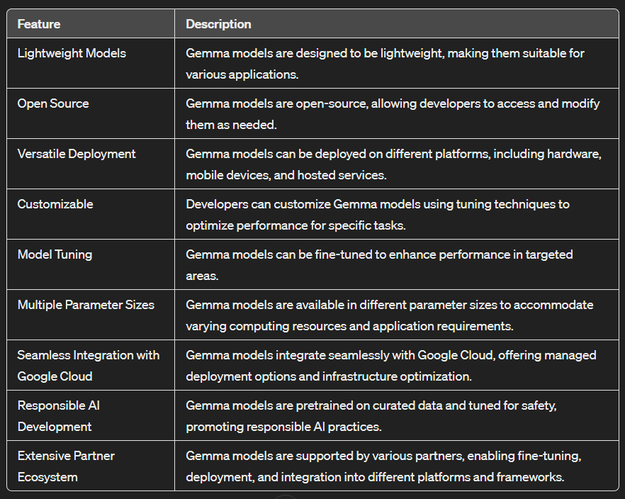 Google Gemma AI વિશેષતાઓ - કોષ્ટક તરીકે બતાવવામાં આવે છે